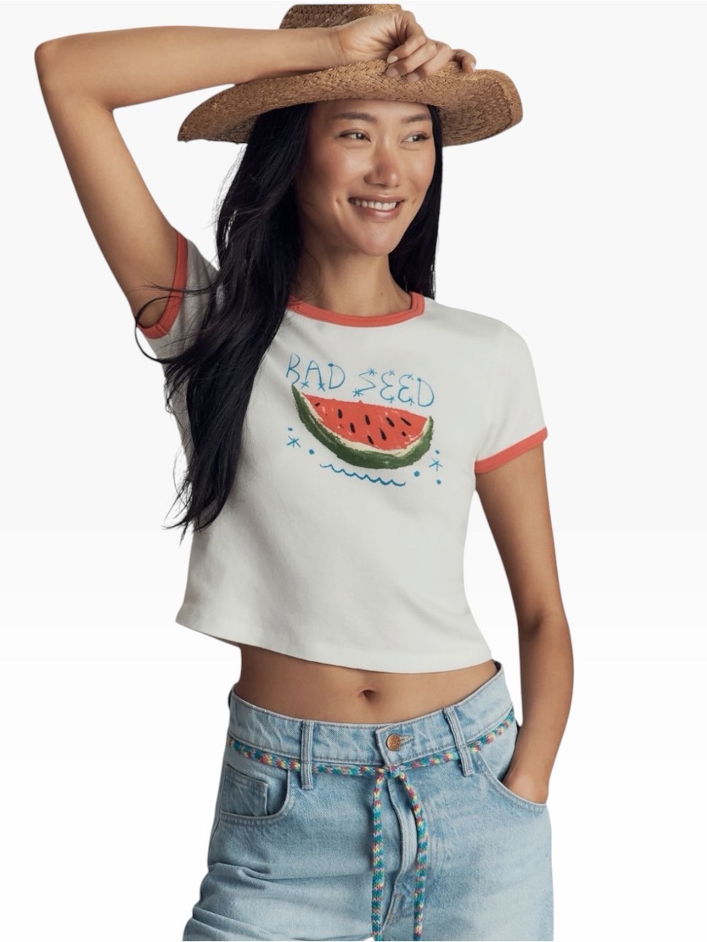 NWT MOTHER The Itty Bitty Ringer Tee Bad Seed Watermelon Crop T-Shirt M